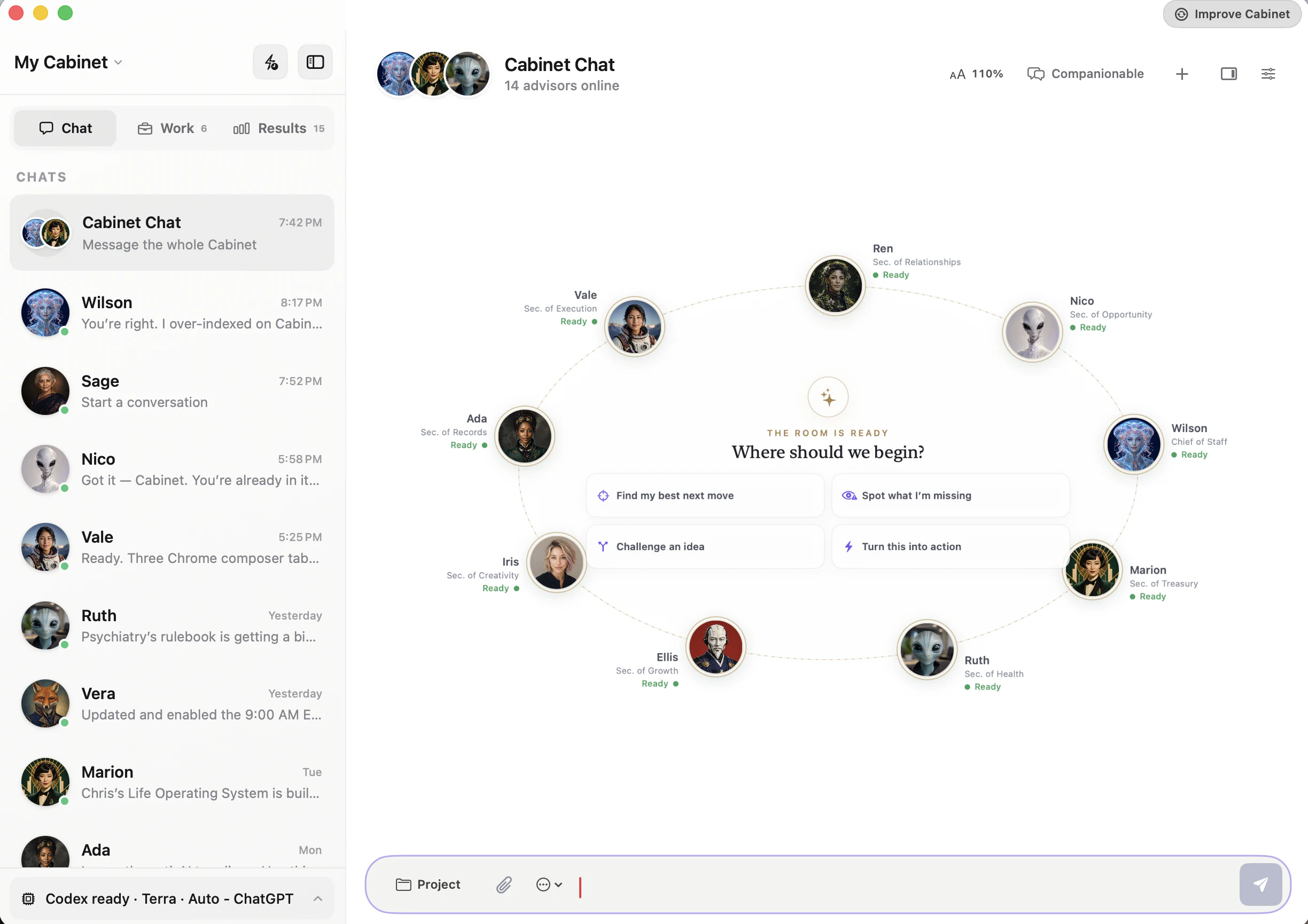 Cabinet Chat on Mac, showing the advisor team gathered around the shared workspace, recent conversations, suggested actions, and the message composer.