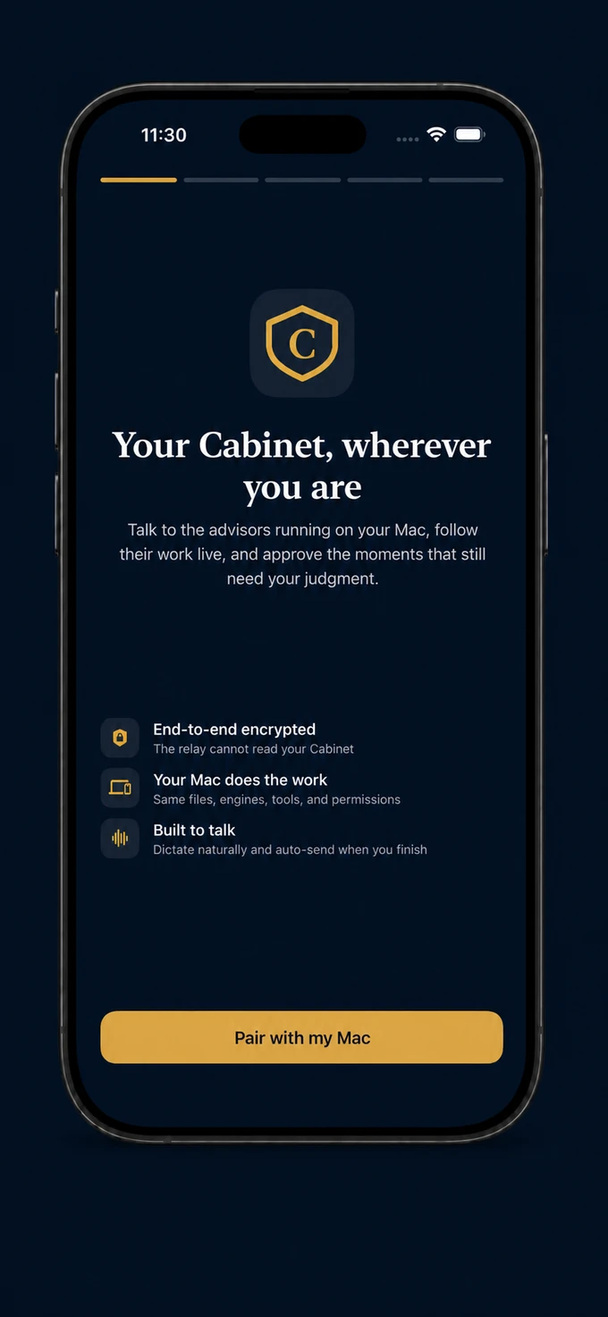 Cabinet companion onboarding screen on iPhone showing end-to-end encryption, Mac-hosted work, and voice controls.