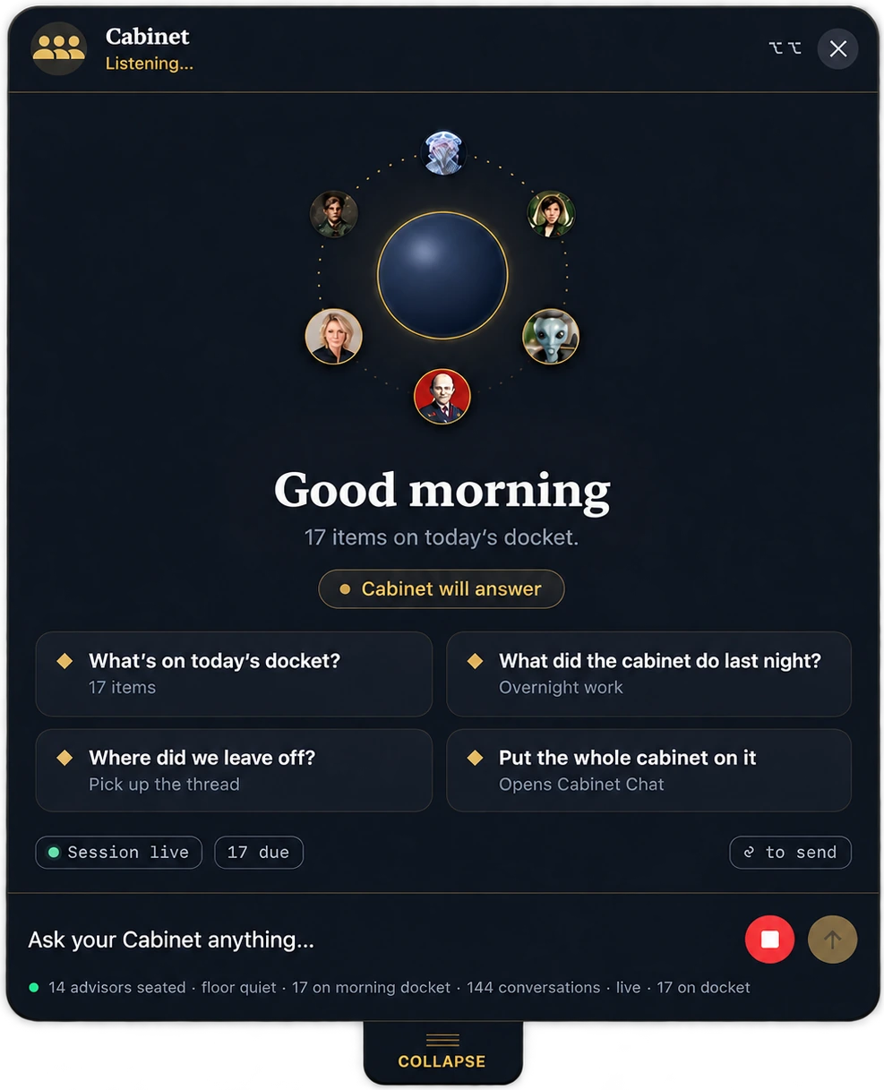 Cabinet Summon expanded on Mac with advisor shortcuts, a morning docket, and a voice-or-text request field.